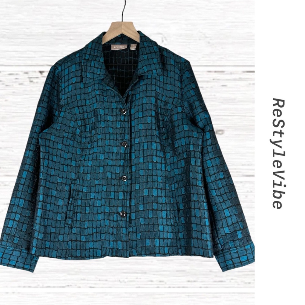 CHICO’S Women’s Size 2 L/12 Jacket Coat Blazer Lightweight Iridescent Squares